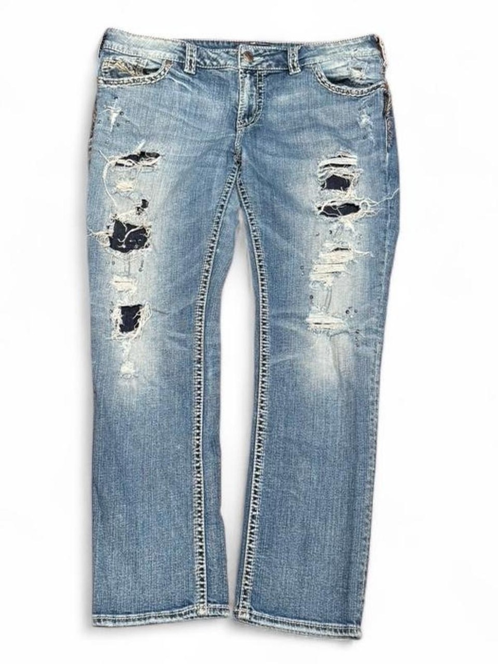 Y2K Silver Flap Distressed Ripped Patched Straight Low Rise Jeans